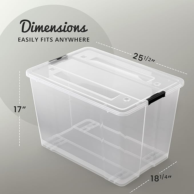 Lifetime Appliance Parts 4 PACK 97 Qt. Plastic Storage Bin Tote Organizing Container with Ultra Durable Lid &amp Secure Latching Buckles Stackable Extra Strength Clear w/Black Handle