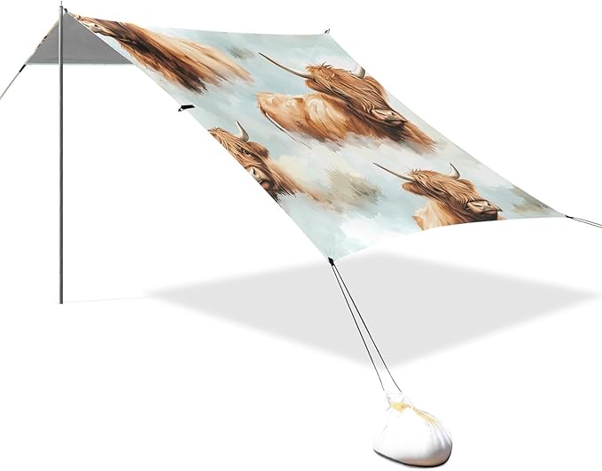 ALAZA Highland Cattle Watercolor Background Pattern Beach Tent Sun Shelter Portable Canopy Sunshade for Outdoor Camping Picnics Backyard Fun 10x9 ft