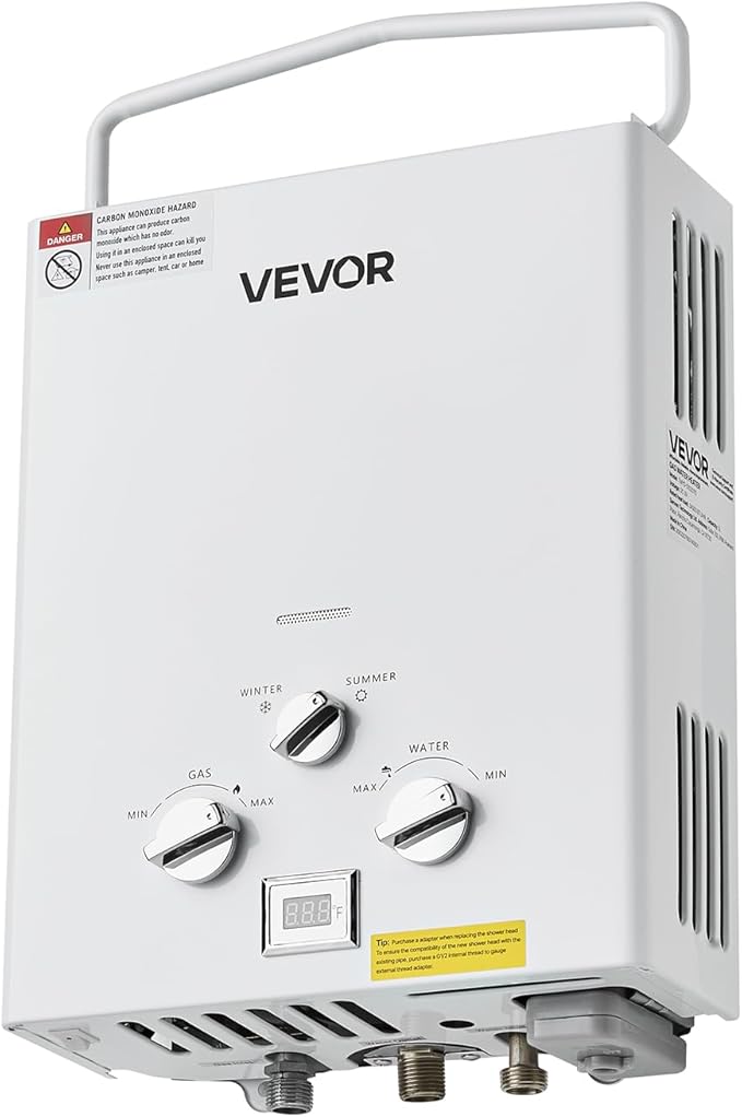 VEVOR Portable Propane Water Heater 5L Tankless Outdoor Water Heater 34000 BTU 1.32 GPM Instant Hot Water with Accessory Set + Regulator +Water Pump for RV Camping Trips Cabins Barns