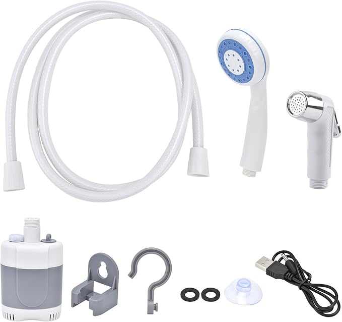 Portable Outdoor Shower Camping Pump Handheld Sprayer USB Charging for Hiking Traveling (Grey+White)