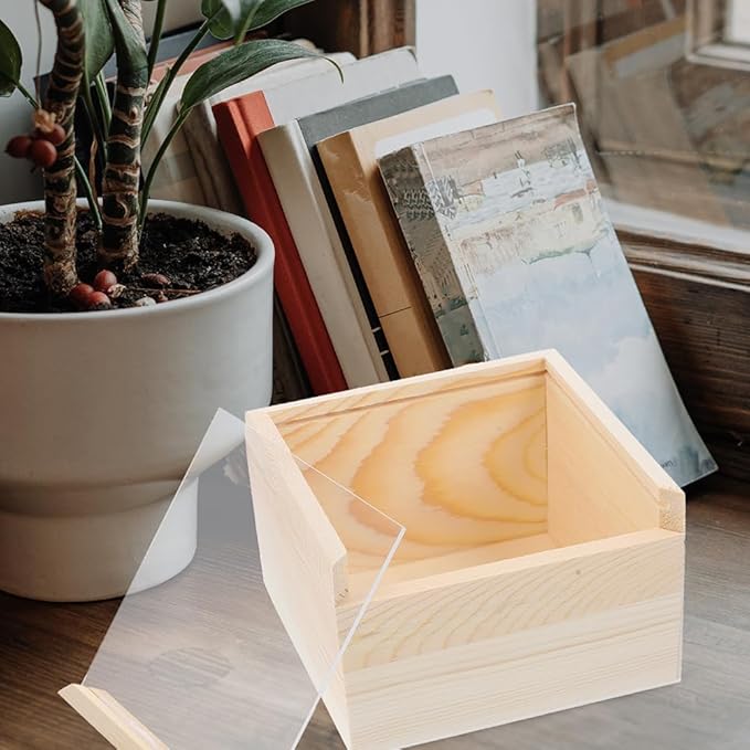 LOGOFUN 2Pcs Unfinished Wooden Display Box with Acrylic Slid Lid Wood Keepsake Storage Box Wooden Sliding Top Storage Holder - 20x20x10cm
