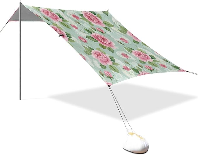 xigua Rose Beach Tent Sun Shelter with Carrying Bag - Silver Coated Oxford Fabric Beach Canopy for Beach Camping Fishing - Includes Windproof Ropes Sandbags &amp Stakes