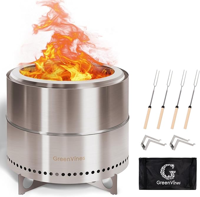 GreenVines Smokeless-Fire-Pit | 19-Inch | 304 Stainless-Steel-Firepit | Portable Outdoor Pits with Stand for Camping | Bag &amp Sticks &amp Holders | Solo Wood Burning Bonfire | Low Smoke Stove