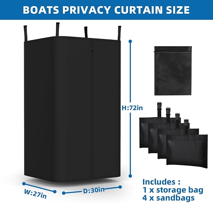 Privacy Tent for Boats 800D Waterproof Fabric Boat Privacy Curtain Pontoons Changing Room with Windproof Sandbags Easy to Install Under Bimini Top 30 D x 27 x W 72 H