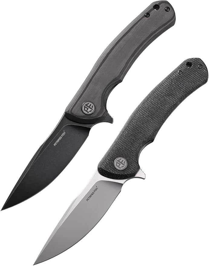 Petrified fish K110 Steel 949 Folding Knife G10 Handle Ceramic Ball bearings Camping Hunting Knives EDC tool (Black Stonewashed withCarbon fiber)