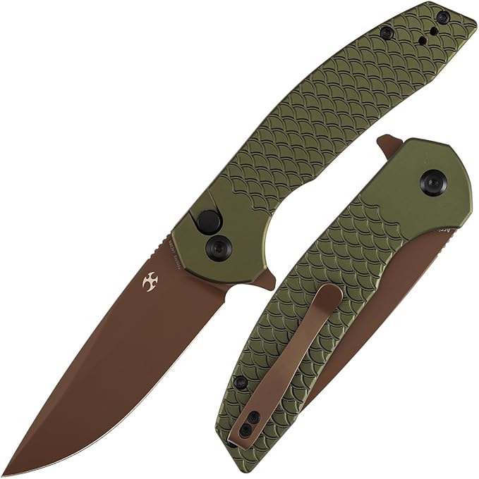 KANSEPT Accipiter Pocket Knife 3.53Rose Gold 14C28N BladeGreen Anodized Aluminum with Fish Scale Texture Handle Flipper Open &amp Button Lock Deep Clip EDC Folding Knives for Camping Hunting T10