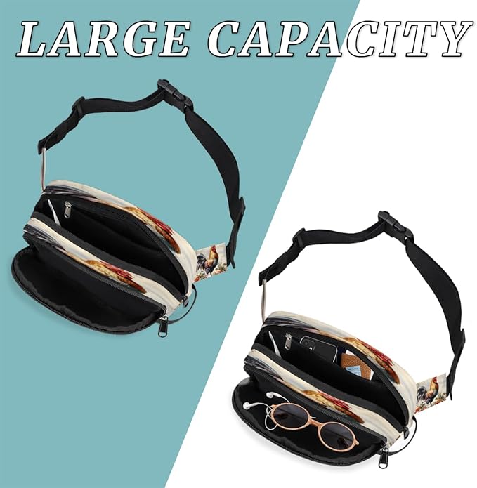 Rooster Berry Snow Waterproof Fanny Pack for Women Men Adjustable Waist Bag with Double Zipper Pockets Lightweight Square Hip Pack for Running Travel Hiking Workout Cycling
