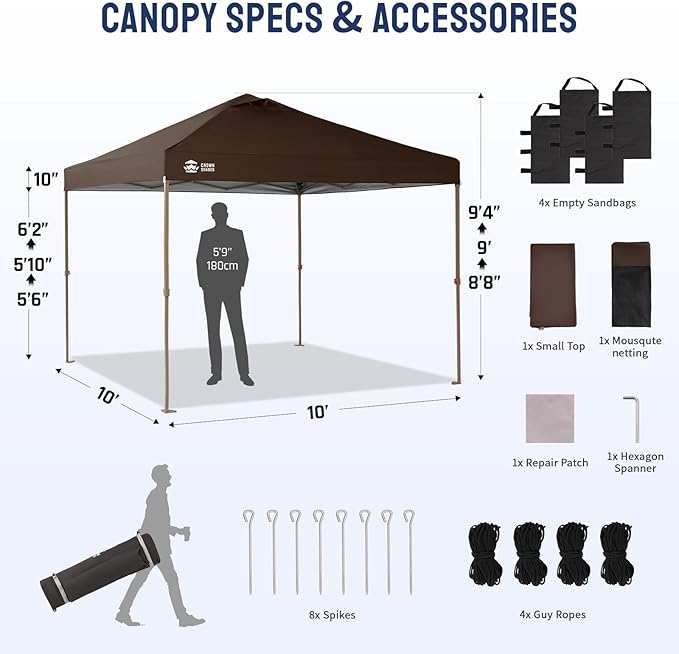 CROWN SHADES Gazebo 10x10 Pop Up Canopy with Mosquito Netting Screen Tent with 4 Ropes 8 Stakes 4 Sandbags and Wheeled Storage Bag Canopy for Patio &amp Backyard PartiesCamping&ampEvents -(Coff