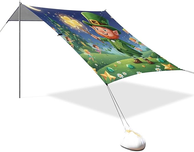Beach Canopy with Windproof Ropes &amp Sandbags Beach Tent Sun Shade Sun Shelter for Camping Trips Fishing Backyard Fun or Picnics St. Patrick's Day