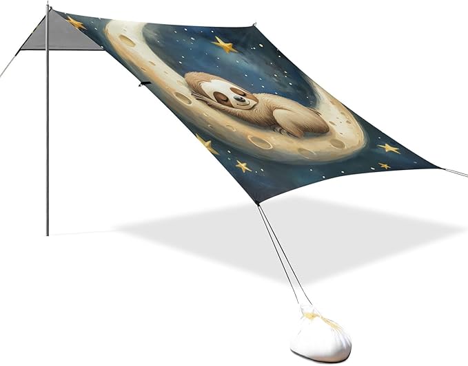 ALAZA Sloth Sleeping on The Moon Stars Beach Tent Sun Shelter Portable Canopy Sunshade for Outdoor Camping Picnics Backyard Fun 10x9 ft