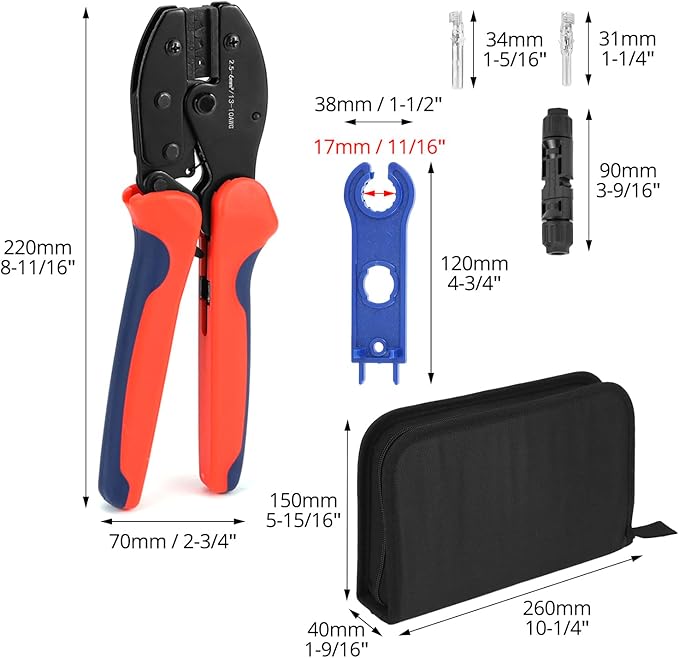 QWORK Solar Crimper Tool Kit - 13 Piece Set with High-Carbon Steel Crimper Solar Connectors Spanner Wrenches and Durable Zipper Case for Solar Panel Cable Assembly