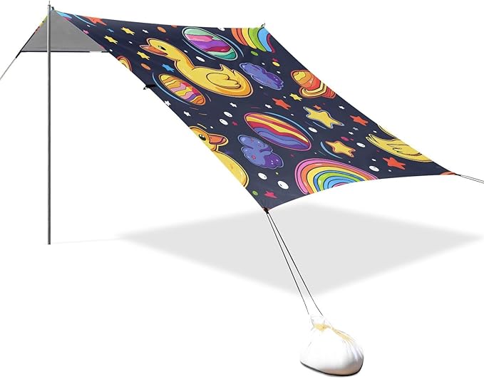 ALAZA Yellow Duck Rainbow Beach Tent Sun Shelter UPF50+ Protection Beach Shade Canopy w/ 4 Sandbags for Outdoor Camping Fishing Backyard Fun Picnic 10x9 ft