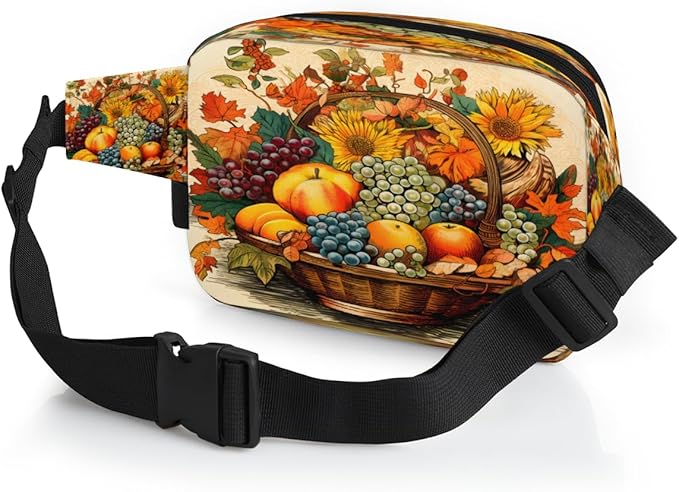 Fruit Basket Apples Grapes Sunflowers Waterproof Fanny Pack for Women Men Adjustable Waist Bag with Double Zipper Pockets Lightweight Square Hip Pack for Running Travel Hiking Workout Cycling
