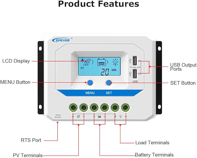 EPEVER® 10A Solar Charge Controller 12V/24V Auto Working PWM Solar Panel Charge Regulator with LCD Display and Powerful Dual USB Output