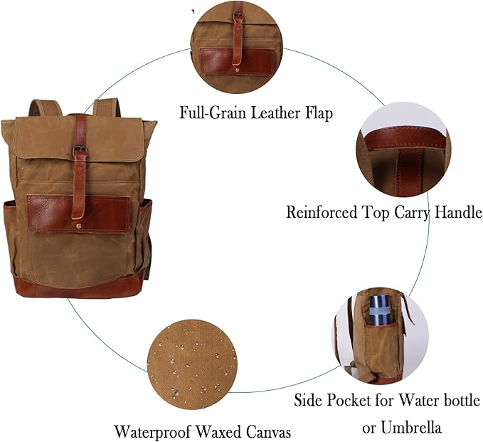 Heavy-Duty Wax Canvas with Top Layer Cowhide Retro Backpack Suitable for Men and Women'S Leisure/Hiking/Traveling/College Canvas Backpack(8431-Khaki)