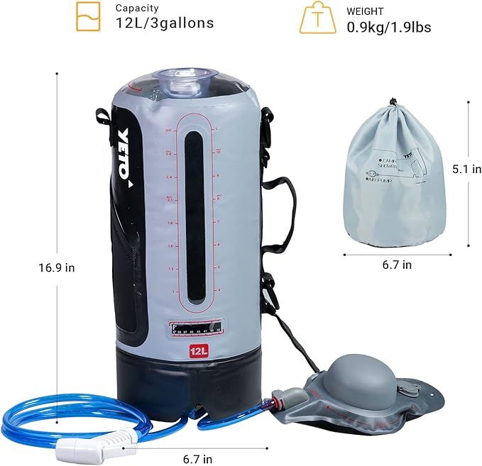 yETO 12L/3.17 Gallons Portable Camping Shower Portable Shower for Camping Camp Shower Solar Shower Outside Shower with Pressure Foot Pump and Handy Nozzle Camping Showers Camping Shower Bag GREY-12L