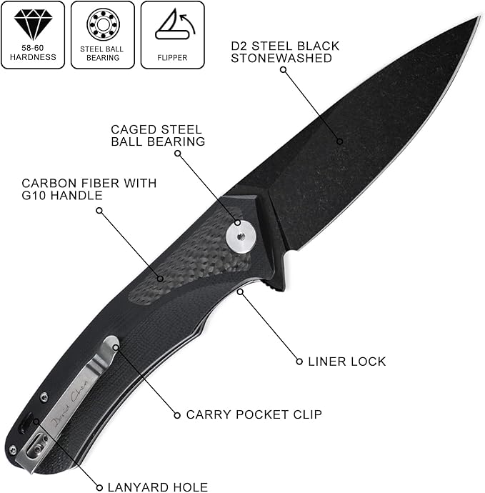 Petrified fish PF8383.74 Black Stonewashed D2 Blade166.6g Carbon fiber &amp G10 Handle Flipper Folding Knife