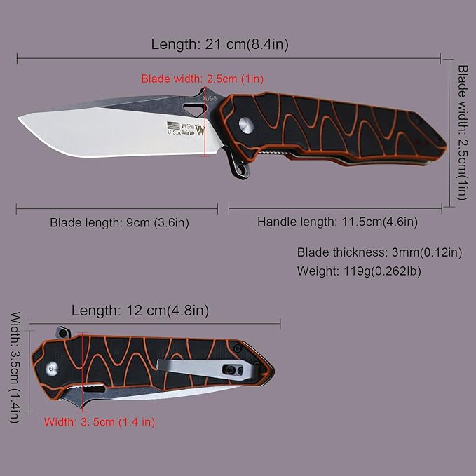 WPKOPYA 8.4in Folding Knife AUS-8 Steel Blade G10 Handle with Anti-Slip Texture Ball Bearing Pivot Stonewashed Finish EDC Pocket Knife for Camping Hiking Survival (AUS-8 (G10 black/orange))