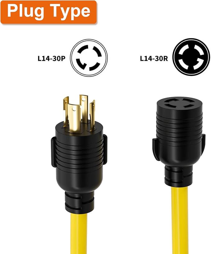 25 Feet NEMA L14-30P/L14-30R Generator Extension Cords 4 Prong Heavy Duty 30 Amp125/250VUp to 7500W 10AWG Cable and The Cable UL CertificationYellow