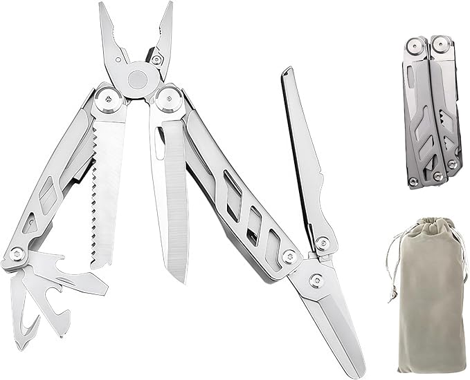 Multitool 16-in-1 Full-Size Lightweight EDC Multi-Purpose Pliers Pocket Knife Scissors Tactical Gear Tools Gifts for Guys Equipment for Emergencies Hiking and Outdoor Camping (White)