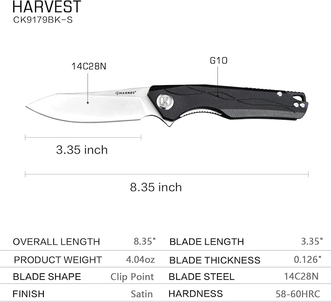 Harnds Harvest Pocket knife with 14C28N Steel Folding Knife with G10 Handle for Camping Hunting Surviral