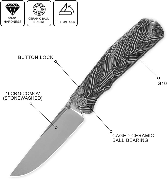 Petrified fish PFP14 Lis Folding Knife3.90 10Cr15CoMov Steel Stonewashed Blade G10 Handle Pocket Knife for Camping EDC Outdoor (White Stonewashed)