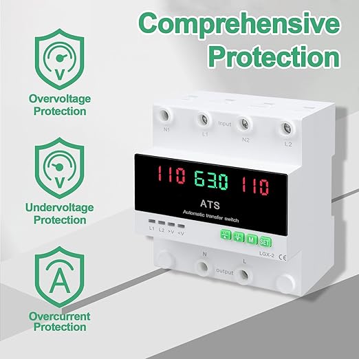 63A 110V Automatic/Manual Transfer Switch L1 Priority Phase Selector LED Display Din Rail Mount 50/60Hz CE Certified ATS for Generator Inverter Public Power