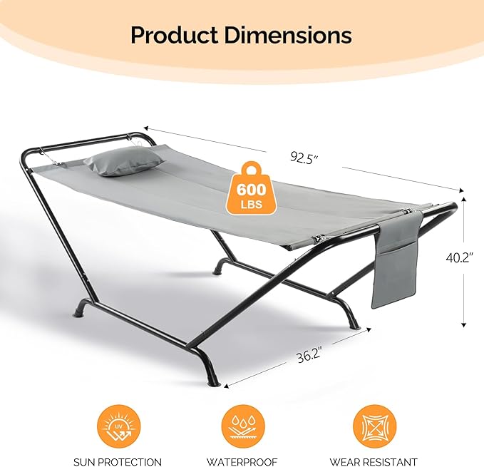 ONCLOUD Freestanding Hammock with Stand 600LBS Heavy Duty Outdoor Hammock Cofy Outdoor Hammock with Stand Hammock Bed for Yard Deck Patio Hammock with Soft Pillow &amp Storage Bag (Grey)