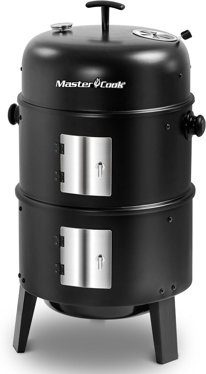 MASTER COOK 16 inch Charcoal Smoker Vertical BBQ Grill Heavy Duty 4 In 1 Fire Pit with built-in Thermometer &amp Adjustable Vent System for Backyard Patio Camping