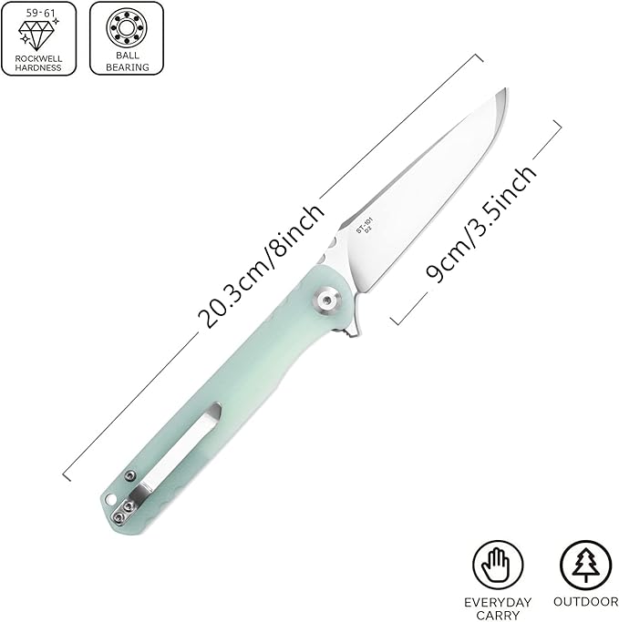 Sitivien ST101 Folding Knife D2 Steel Blade+G10 Handle Tool Knife EDC Pocket Knife for Outdoor Camping Hunting Survival (Jade) Turquoise
