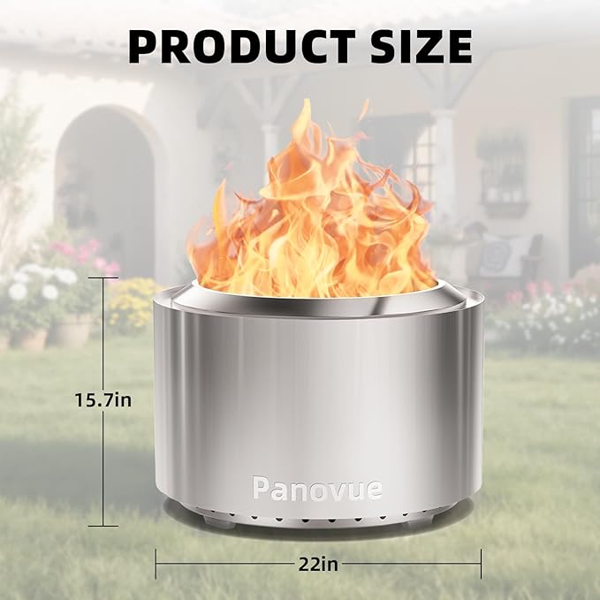 Panovue 22 Inch Smokeless Fire Pit Stainless Steel Wood Burning Outdoor Firepit for Outside Patio Backyard Camping and Outdoor GatheringsOutdoor Fire Place with Removable Ash Pan