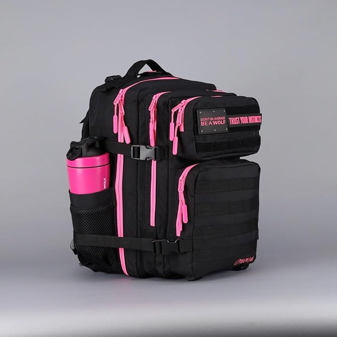 WOLFpak 35L Tactical Gym Backpack (Black Neon Pink) Durable 1000D Waterproof Oxford Material with MOLLE Webbing Laptop Pocket &amp Dual Cup Holders Durable Fitness/Travel/Military Daypack