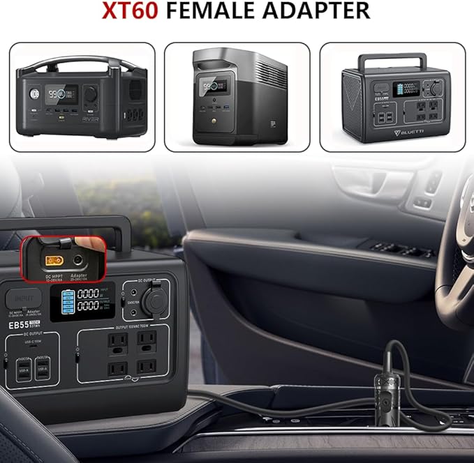KFD 12V/24V Cigarette Lighter XT60 Car Charger Plug for Ecoflow Delta/River/River 2 Series Bluetti EB55 Anker 757/767 Power Station Solar Generator ECOFLOW Wave 2 Air Conditioner XT60 DC Adapter Cord