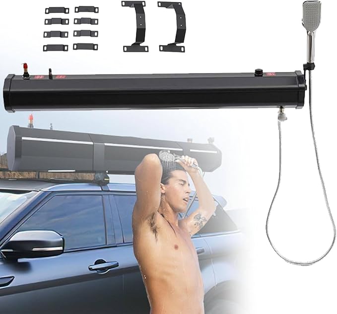 4.76/5.28/7.93gal Pressurized Water Tank for Camping Shower Portable Outdoor Roof Rack Water Tank with 4.9ft Water Hose Shower Head 5.28gal/20L