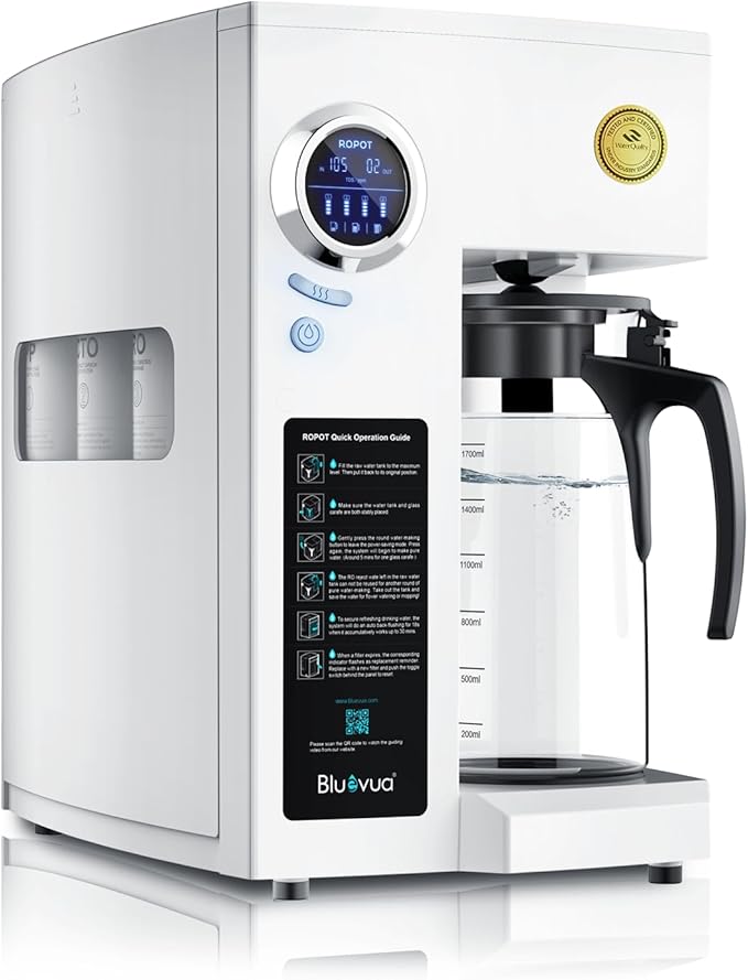 Bluevua RO100ROPOT Countertop Reverse Osmosis Water Filter System Portable RO Filtration with Remineralization No Installation WQA Certified - ROPOT 5-Stage RO