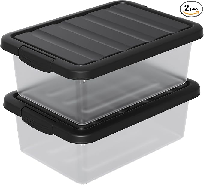 Vcansay 2 Pack 14 Quart Plastic Clear Latching Storage Container Frosted Stackable Bin with Black Lid Under Bed Storage Boxes for Closet Pantry Home Organization