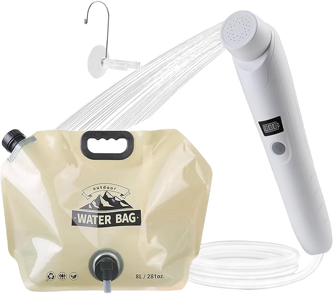 Portable Outdoor Shower Handheld Electric Shower+8L Water Bag IPX6 Waterproof USB Charging Compact and Lightweight Suitable for Outdoor Camping Beach Shower Hiking pet Bathroom