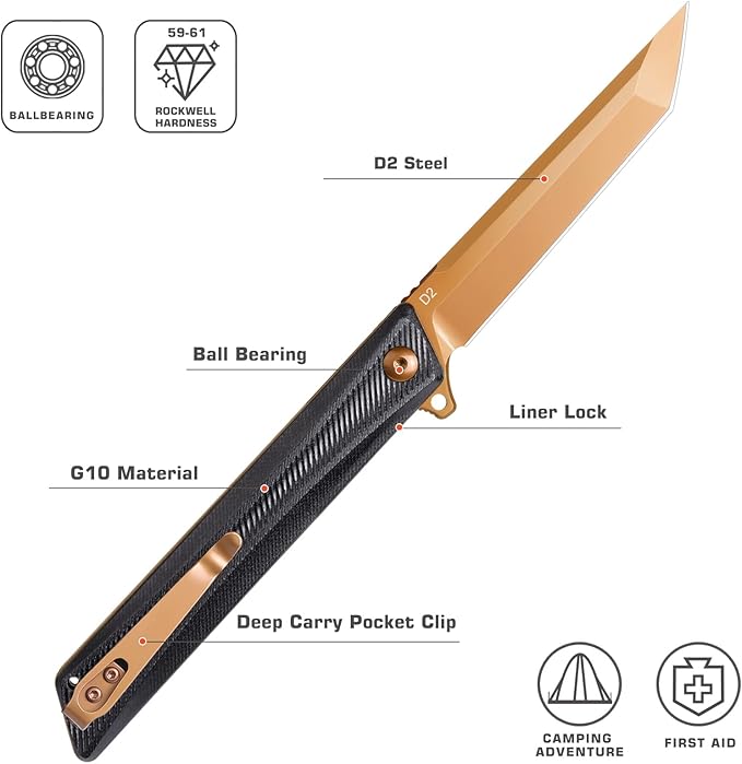 REMETTE Pocket Knife GD22K Flipper Open D2 Steel Tanto Folding knife with Durable G10 HandleMen Women Everyday Carry EDC KnifeSharp Camping Hiking Daily Work Knives