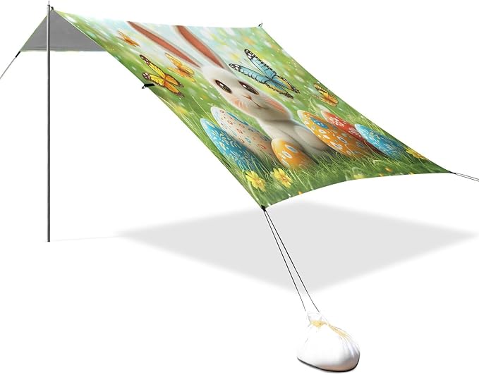 Easter Eggs Cute Bunny Beach Tent Sun Shelter Set UPF50+ UV Protection 10.5 x 9.19 FT Camping Shade Canopy with Sandbags Sand Anchors Carrying Bag and Others