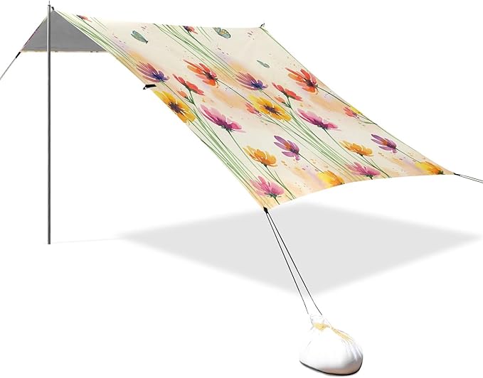 Wildflowers Beach Canopy Sun Shelter with Sandbags &amp Sand Shovel &amp Windproof Ropes - Portable 110x126 Beach Shade Beach Tent for Camping Picnics