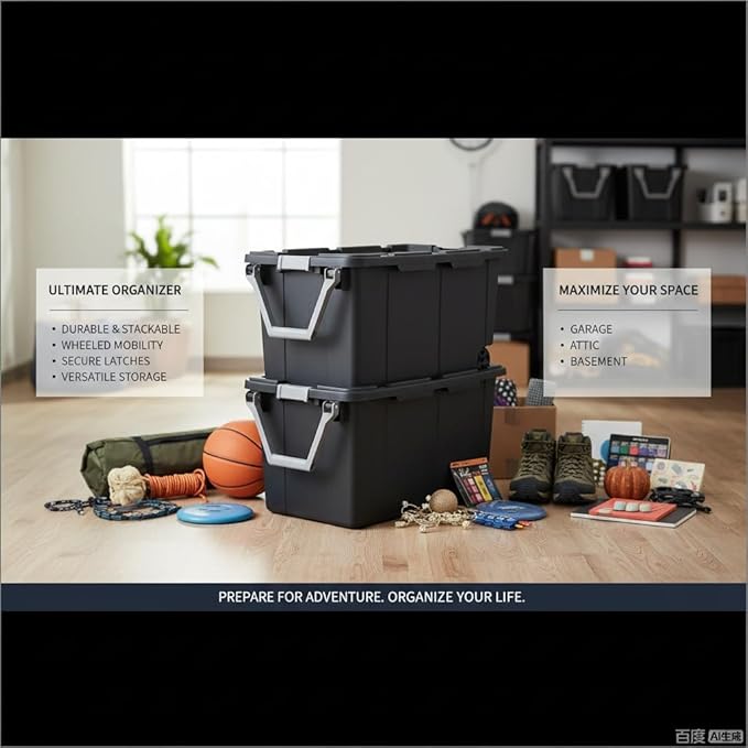 40 Gallon Heavy-Duty Rolling Storage Bins 2-Pack Dark Gray Industrial Plastic with Pivot Handle Leakproof Lid &amp Latches for Garage Warehouse Equipment Transport &amp Storage