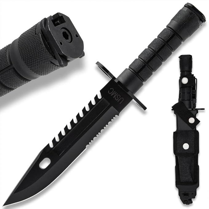 USMC Fixed Blade M9 Knife and Sheath | Officially Licensed 12 Stainless Steel Blade with Non-Reflective Finish | Sawback Spine | TPU Handle | Includes Nylon Sheath | Overall Length 12
