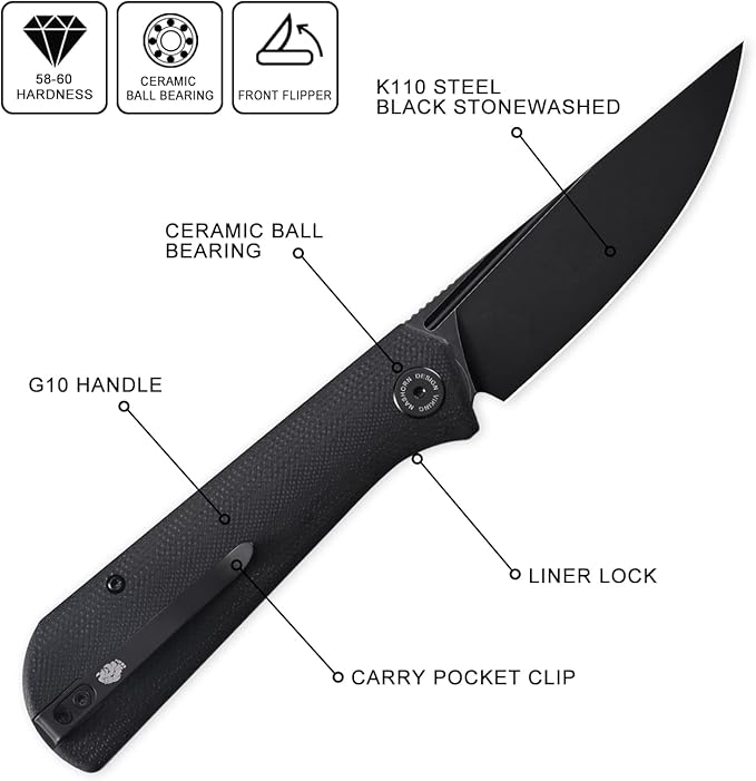 Petrified fish Pocket Knife PFP07 Viking 3.62 K110 Black Stonewashed Blade 4.23oz G10 Handle Front Flipper Liner lock Folding knife (Black G10 &amp Black Stonewashed)