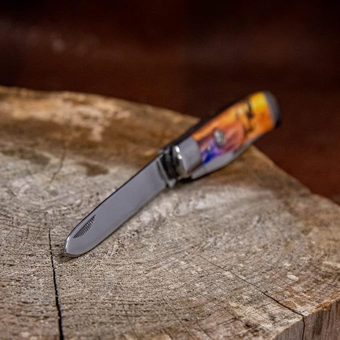 WHISKEY BENT HAT CO. Traditional Trapper Folding Pocket Knife 4.125 Closed Length 440C Stainless Steel Blades (Pump Jack Sunrise)