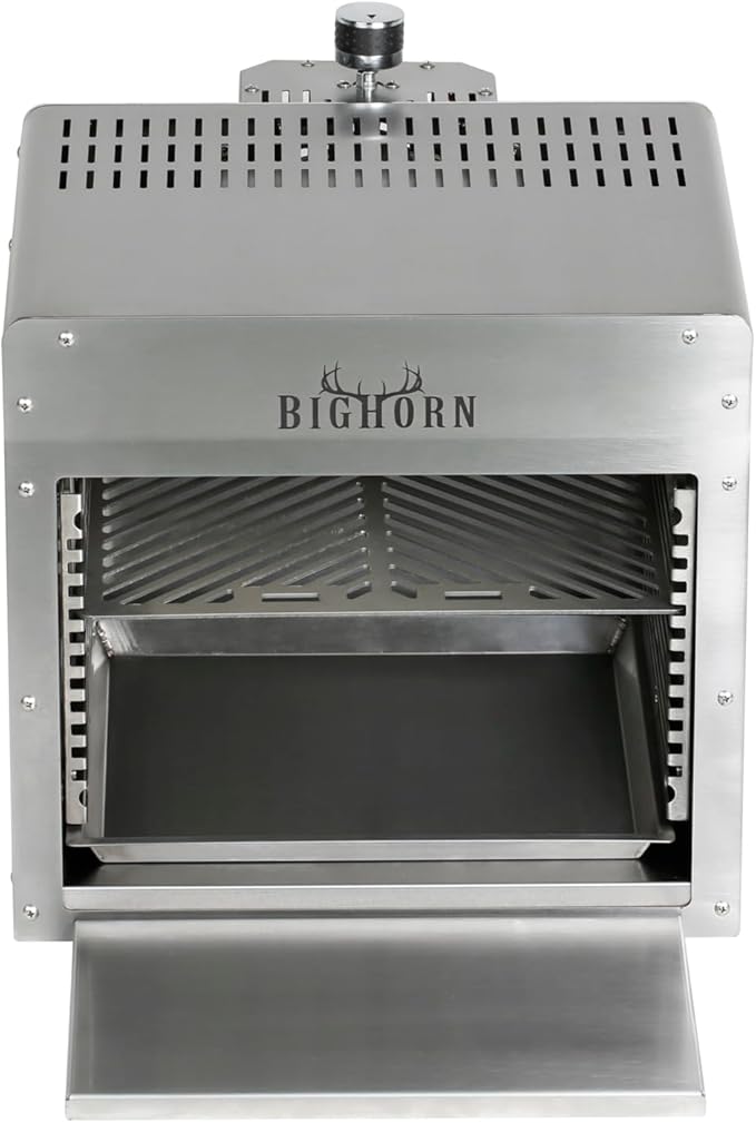 BIG HORN OUTDOORS 1500°F Small Infrared Propane Gas Grill – Portable Steak Broiler &amp Sear Station Outdoor Salamander BBQ with Pizza Stone Stainless Steel