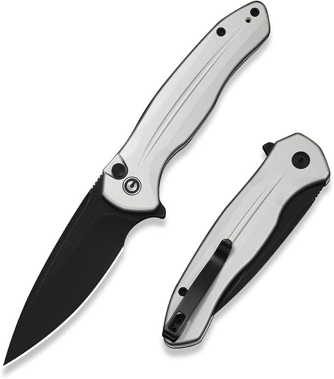 CIVIVI Kitefin EDC Pocket Knife 3.22“ 14C28N Drop Point Blade Folding Knife Aluminum Handle with Reversible Clip for Camping Hiking Hunting C24091-2 Silver