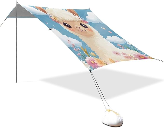 ALAZA Carttoon Alpaca with Flowers and Clouds Beach Tent Sun Shelter Portable Canopy Sunshade for Outdoor Camping Picnics Backyard Fun 10x9 ft