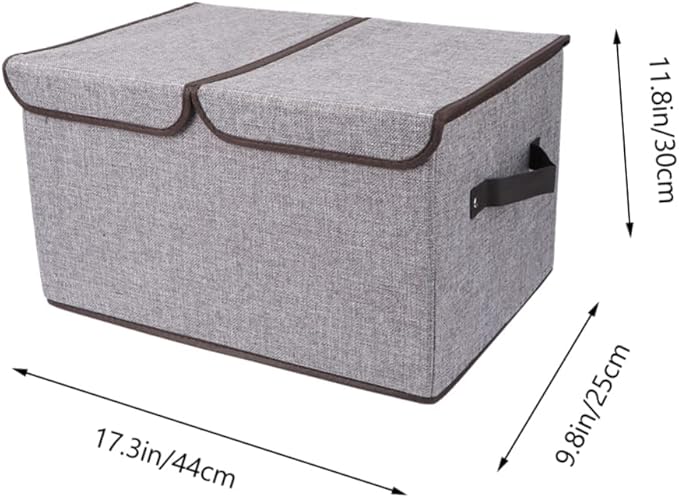 Levemolo Foldable Storage Bin Double Lids and Handles for Organizing Books Crafts Toys and More Grey Cotton Linen Storage Box for Home and Office Use