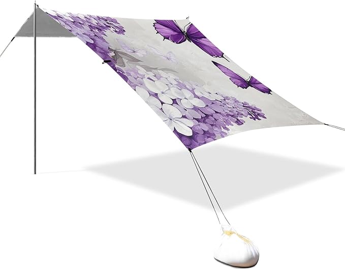 Purple Butterflies White Lilac Foldable Beach Cabana UPF50+ Easy Setup Shade Sun Shelter with Sturdy Poles Sandbags and Shovel for Family Trips Picnics &amp Camping