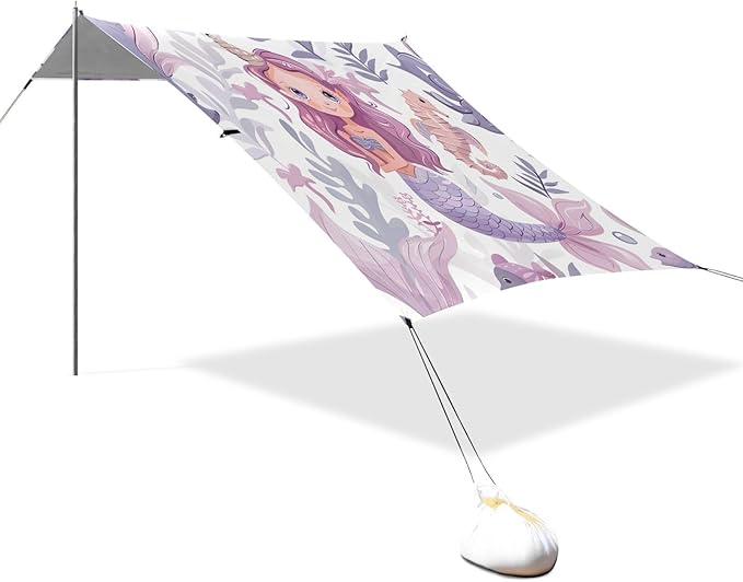ALAZA Mermaid Seahorse Beach Tent Sun Shelter UPF50+ Protection Beach Shade Canopy w/ 4 Sandbags for Outdoor Camping Fishing Backyard Fun Picnic 10x9 ft